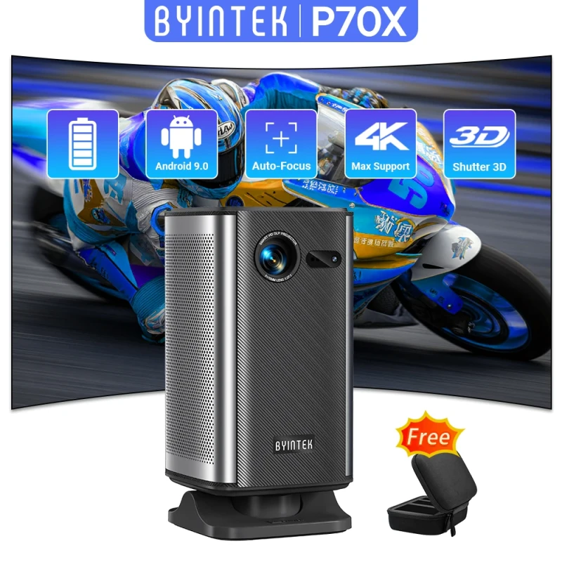 BYINTEK P70X portable 4K projector with built-in battery, WiFi and 3D support