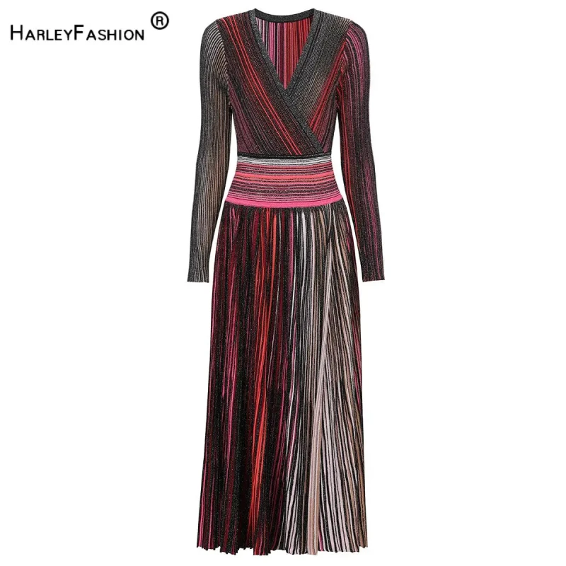 Elegant women's long sleeve V-neck striped A-line maxi dress