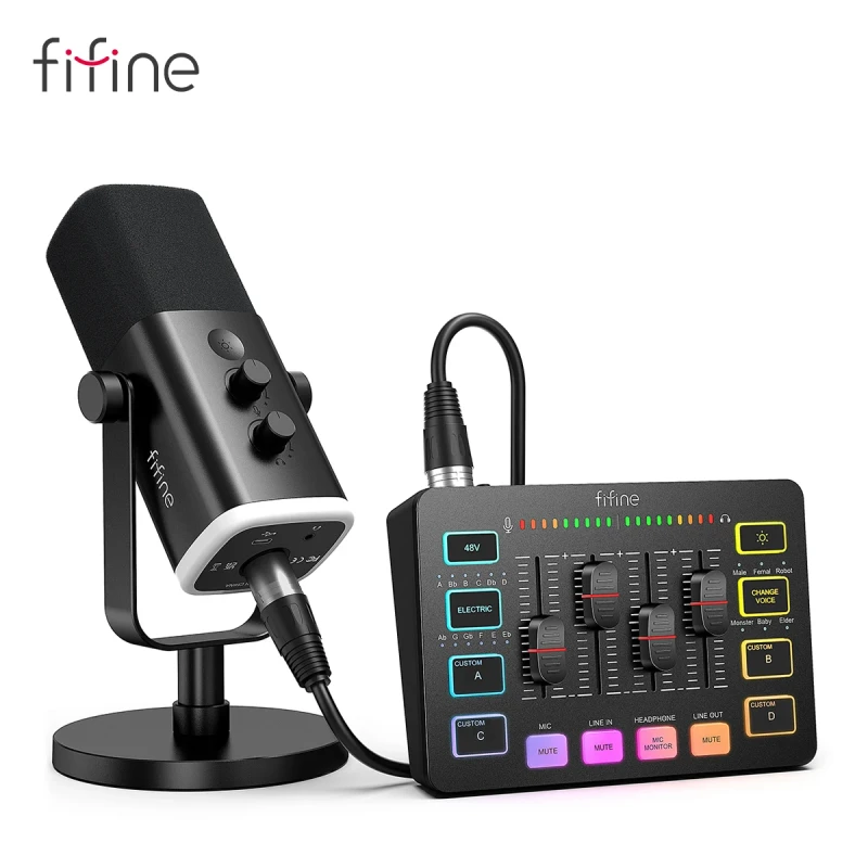 FIFINE Ampligame KS5 podcast kit with dynamic microphone and RGB audio mixer