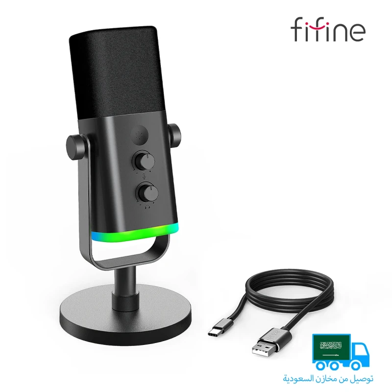 FIFINE dynamic USB XLR microphone with RGB lighting and mute button for streaming and gaming