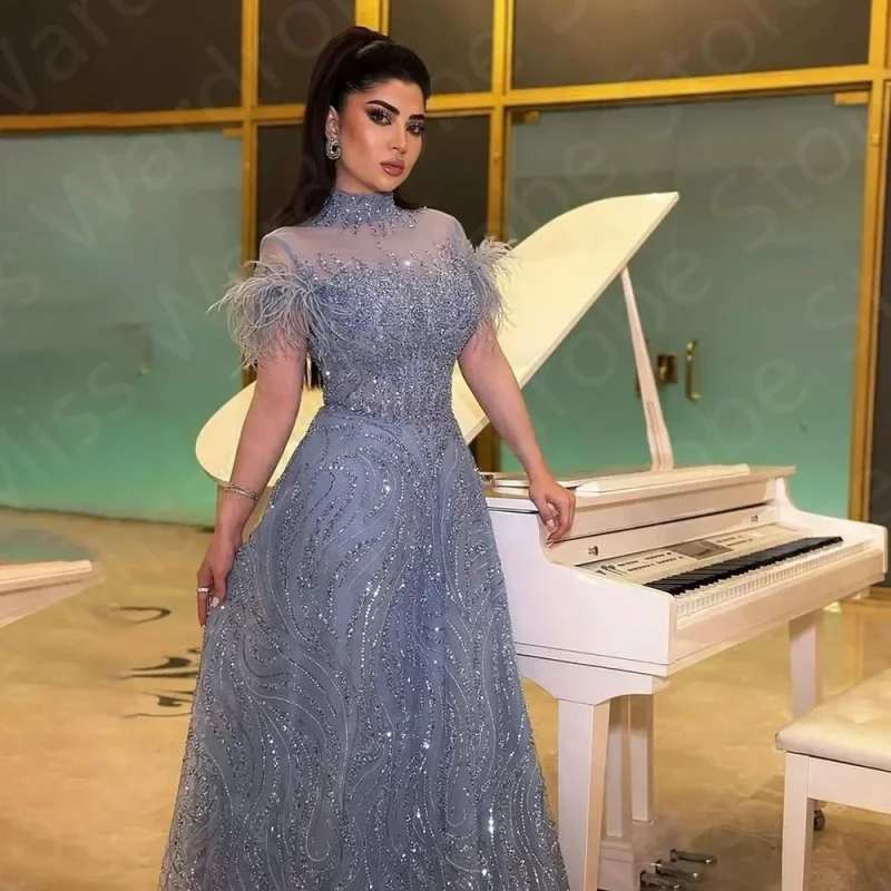 Long organza feather evening dress with beaded embroidery for women