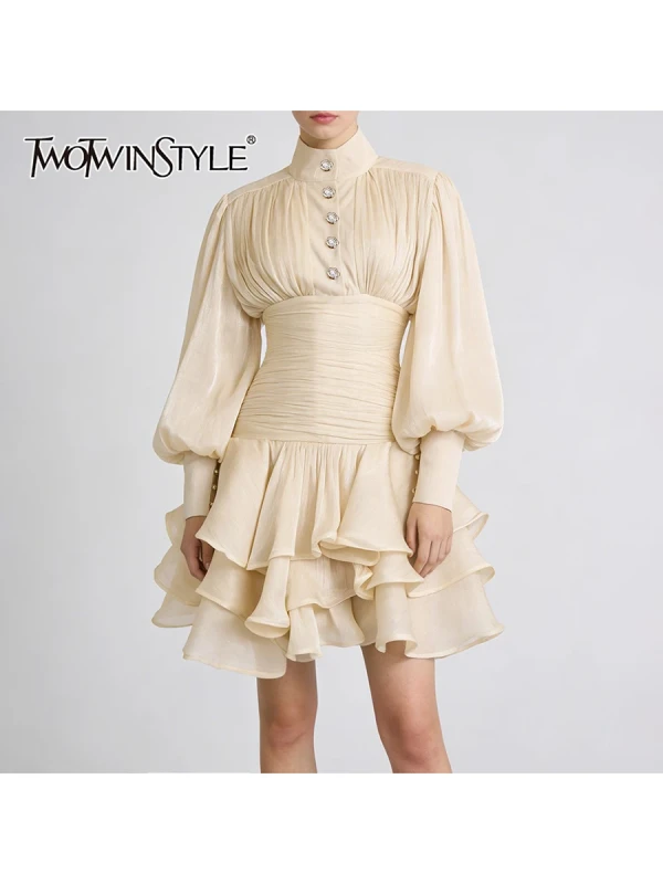 TWOTWINSTYLE elegant long-sleeve stand-collar pleated dress for women