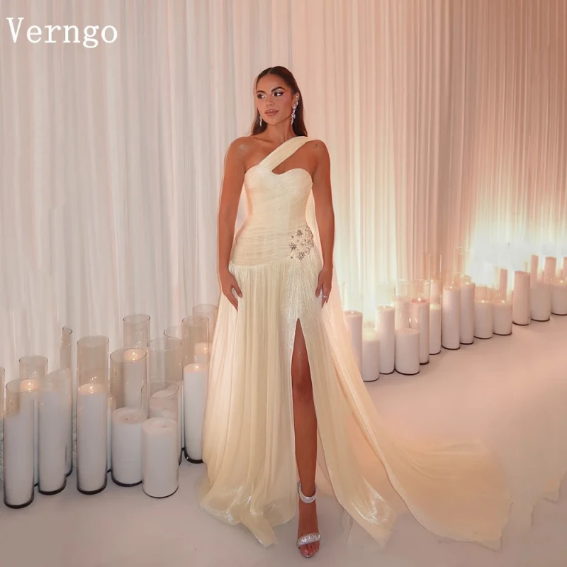 Verngo shimmering ivory one-shoulder evening dress with side slit and A-line sequin design