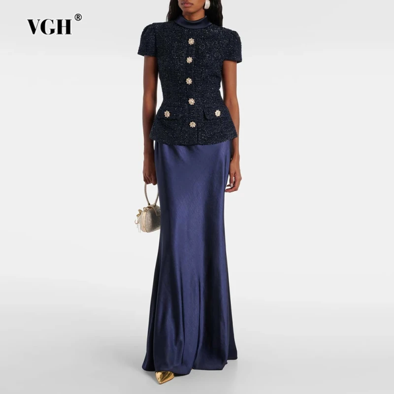 VGH two-piece women's set with tweed stand-collar top and high-waist skirt