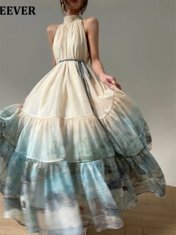 Women's bohemian beach dress with straps, high waist, sleeveless print